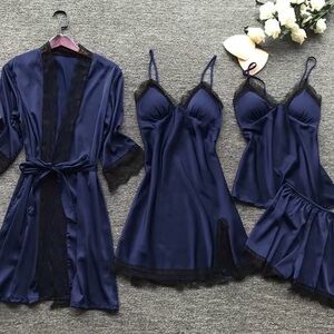Never worn-Elegant Navy Blue Women's Satin Sleepwear Set